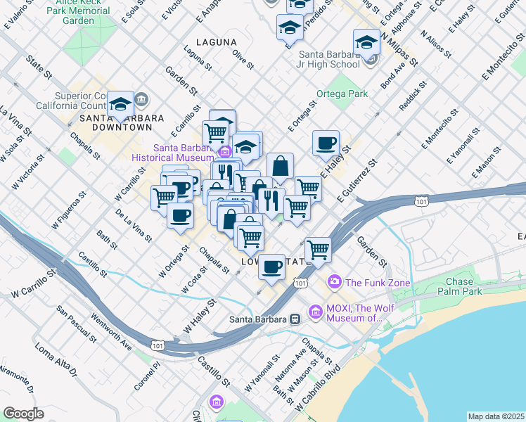 map of restaurants, bars, coffee shops, grocery stores, and more near 602 Anacapa Street in Santa Barbara