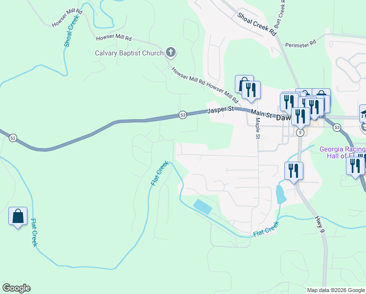 map of restaurants, bars, coffee shops, grocery stores, and more near 370 Stegall Place in Dawsonville