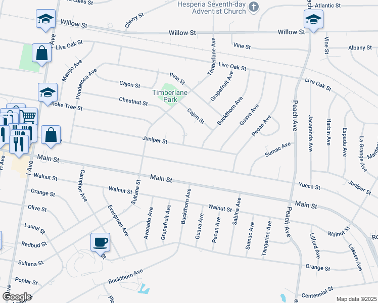 map of restaurants, bars, coffee shops, grocery stores, and more near 18003 Juniper Street in Hesperia