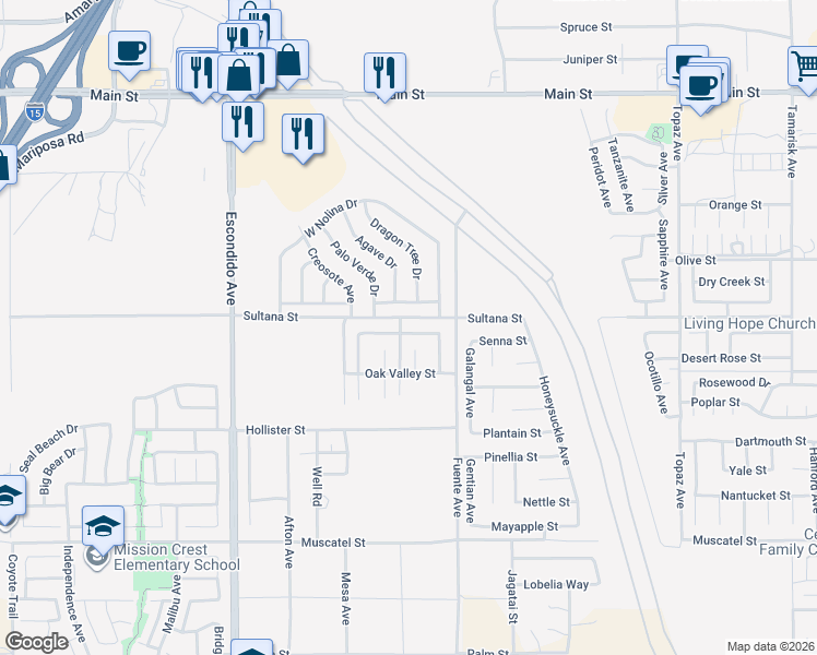 map of restaurants, bars, coffee shops, grocery stores, and more near 13616 Summit View Street in Hesperia