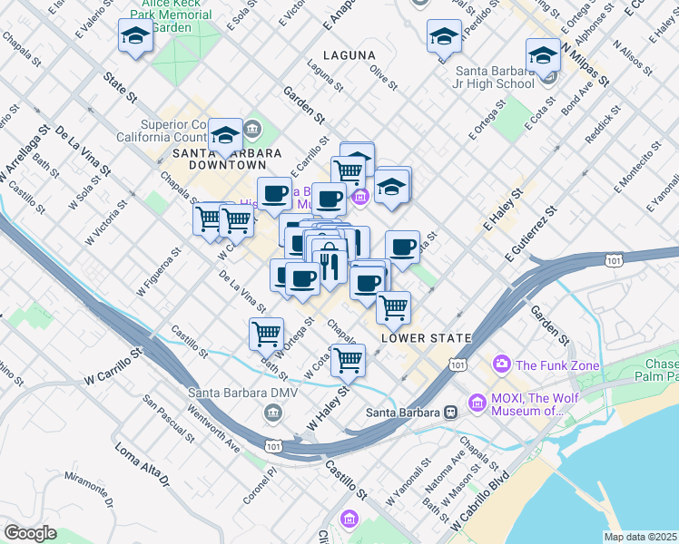 map of restaurants, bars, coffee shops, grocery stores, and more near 351 State Street in Santa Barbara