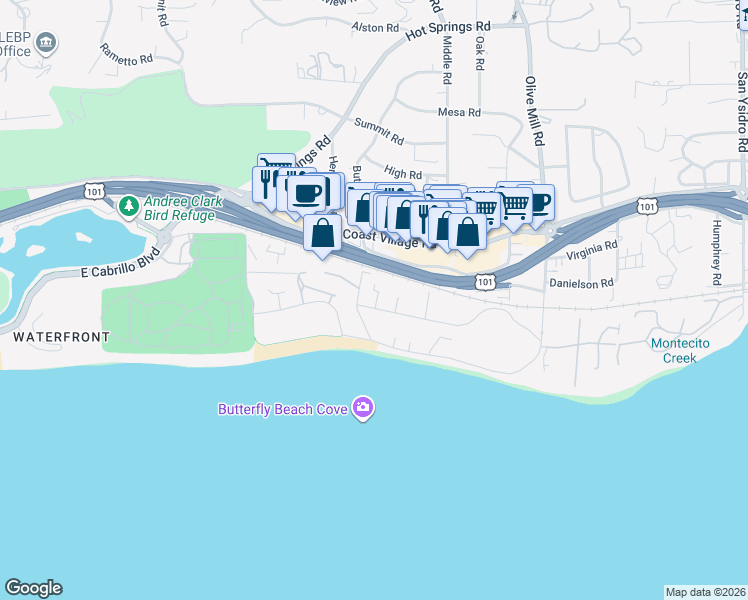 map of restaurants, bars, coffee shops, grocery stores, and more near 1112 Hill Road in Montecito