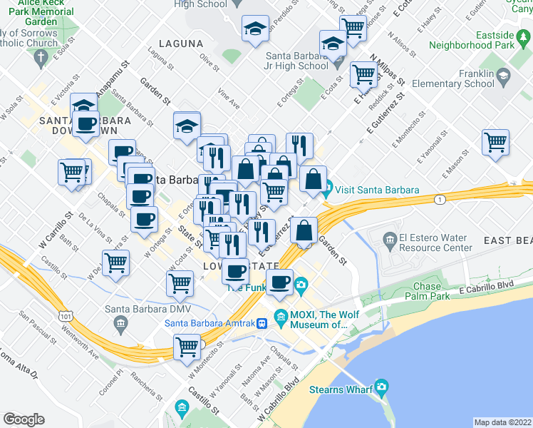 map of restaurants, bars, coffee shops, grocery stores, and more near 210 East Haley Street in Santa Barbara