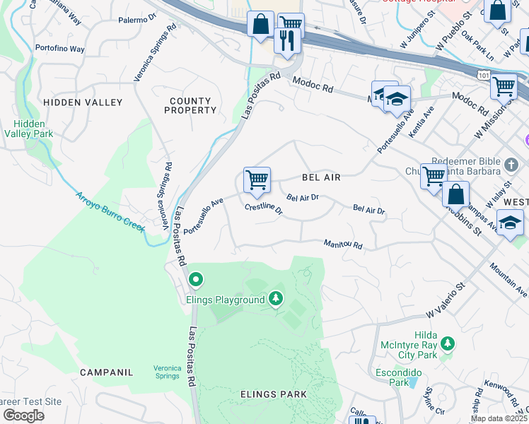 map of restaurants, bars, coffee shops, grocery stores, and more near 1442 Crestline Drive in Santa Barbara