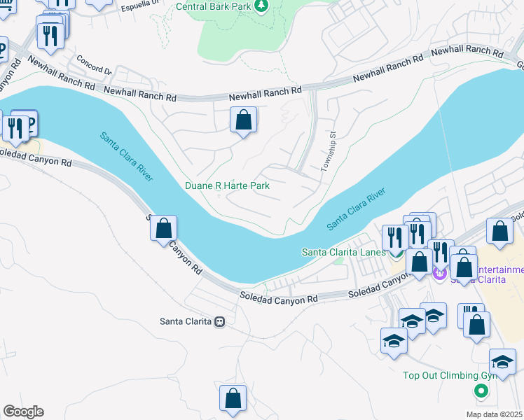 map of restaurants, bars, coffee shops, grocery stores, and more near 22507 Brightwood Place in Santa Clarita