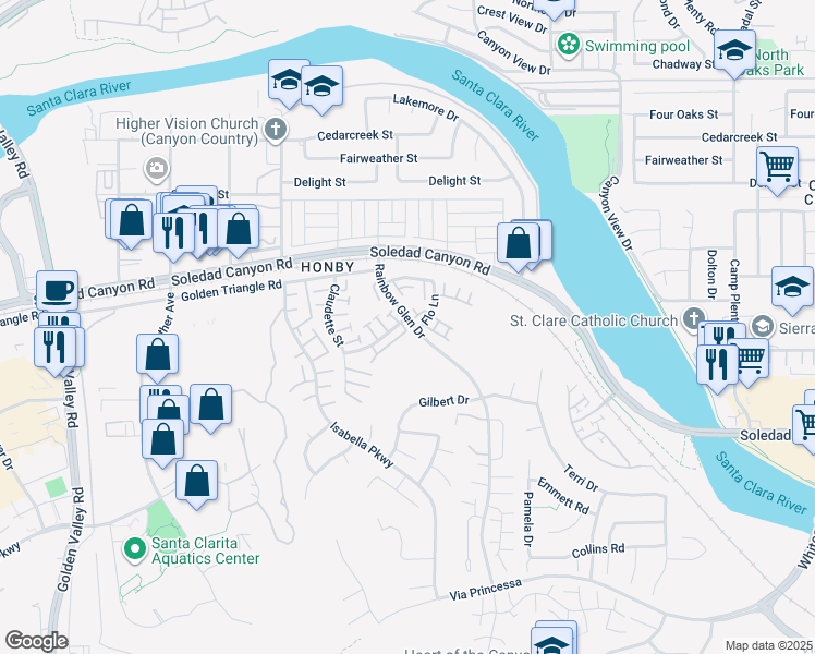 map of restaurants, bars, coffee shops, grocery stores, and more near 26903 Rainbow Glen Drive in Santa Clarita