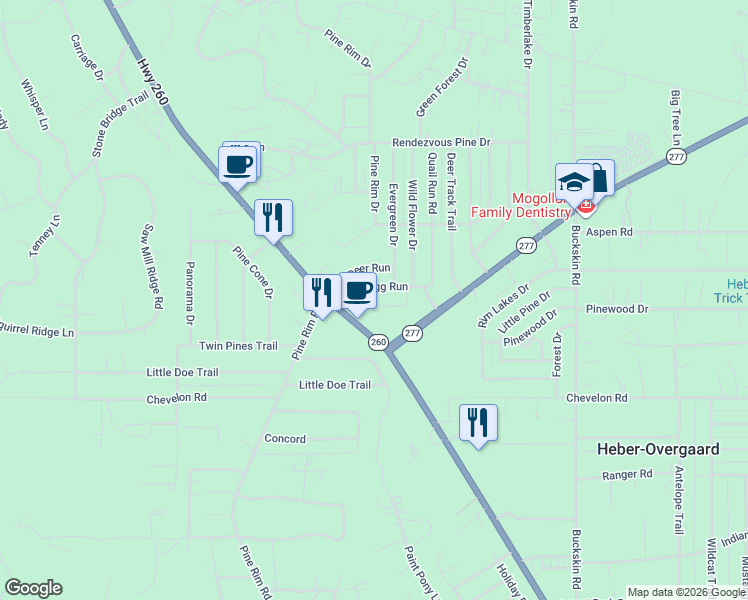 map of restaurants, bars, coffee shops, grocery stores, and more near 3414 Top View Road in Heber-Overgaard