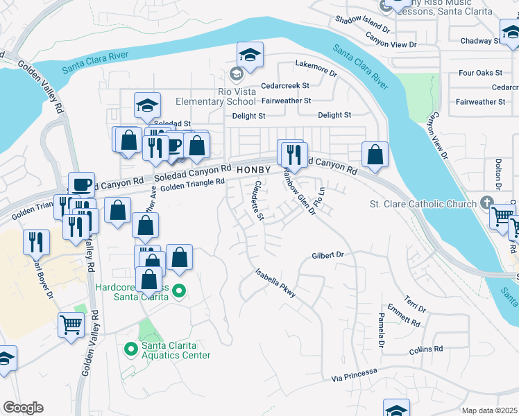 map of restaurants, bars, coffee shops, grocery stores, and more near 26830 Claudette Street in Santa Clarita
