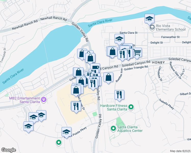 map of restaurants, bars, coffee shops, grocery stores, and more near 26901 Golden Valley Road in Santa Clarita