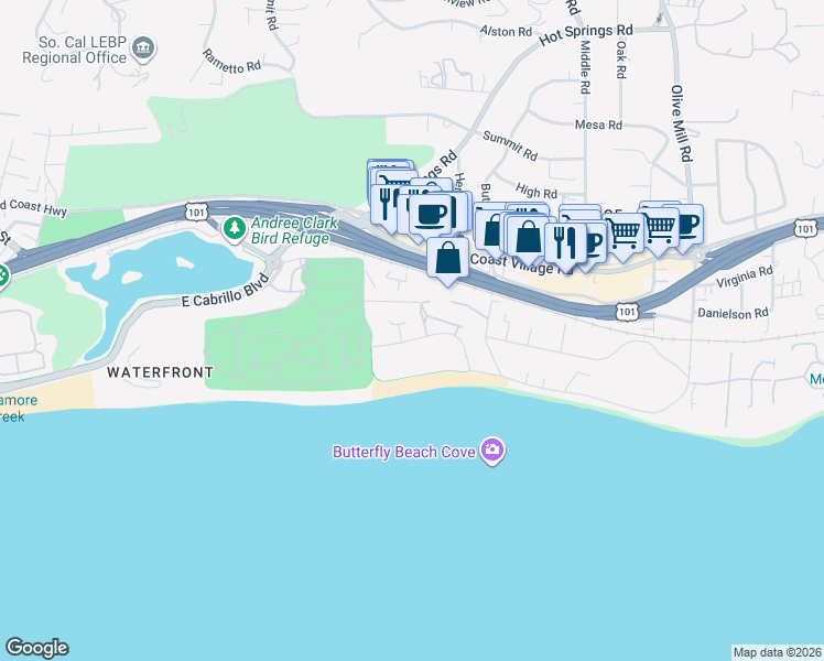 map of restaurants, bars, coffee shops, grocery stores, and more near 1016 Fairway Road in Montecito