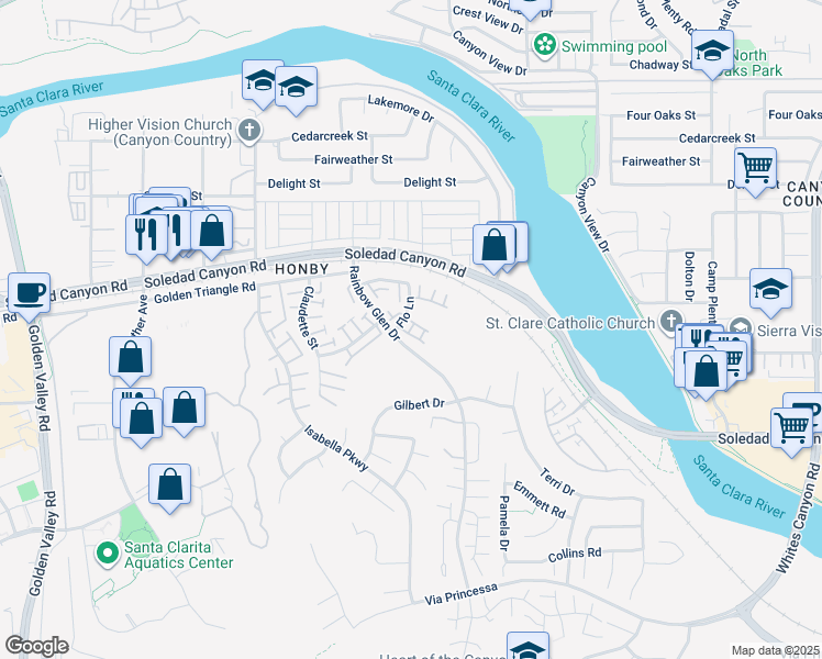 map of restaurants, bars, coffee shops, grocery stores, and more near 26922 Flo Lane in Santa Clarita