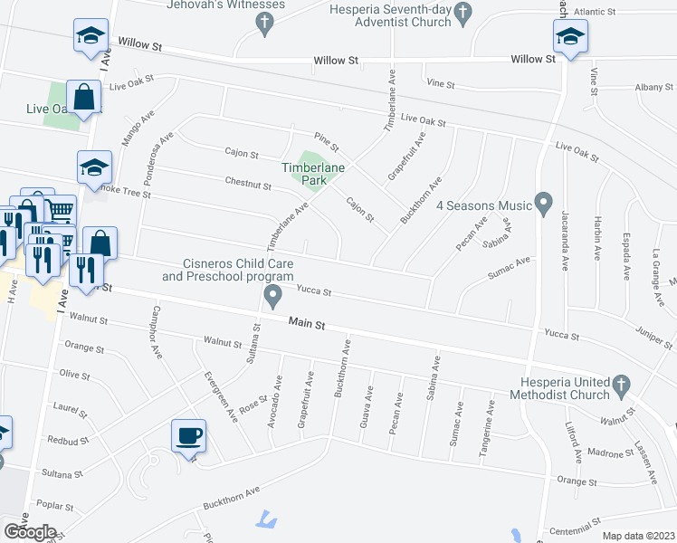 map of restaurants, bars, coffee shops, grocery stores, and more near 18003 Juniper Street in Hesperia