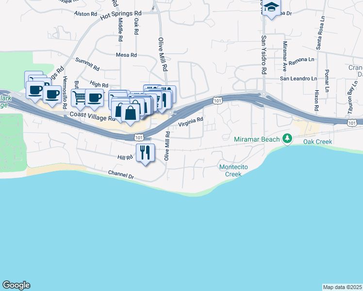 map of restaurants, bars, coffee shops, grocery stores, and more near 1321 Danielson Road in Santa Barbara