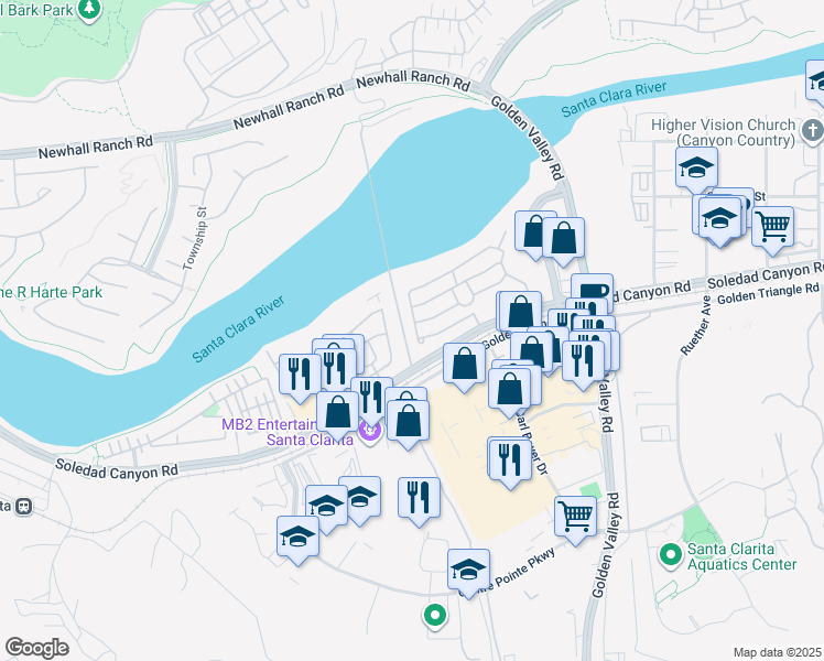 map of restaurants, bars, coffee shops, grocery stores, and more near 26521 North Cocklebur Lane in Santa Clarita