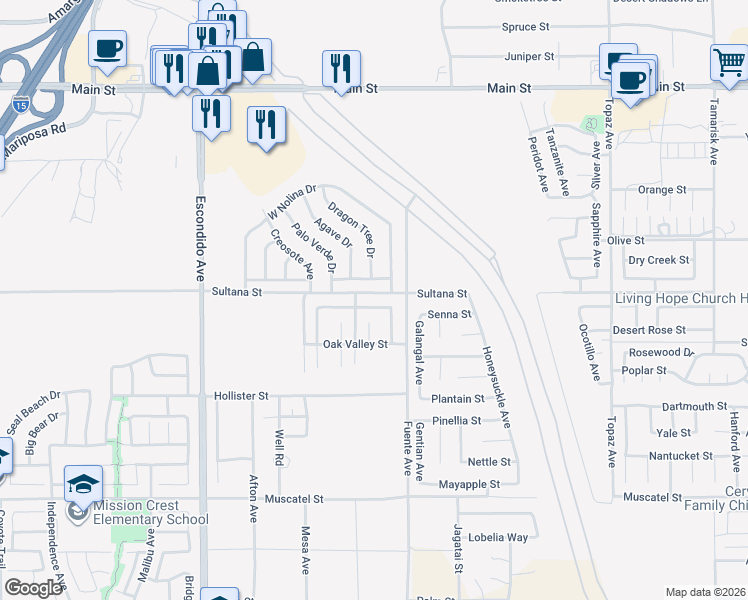 map of restaurants, bars, coffee shops, grocery stores, and more near 13616 Summit View Street in Hesperia