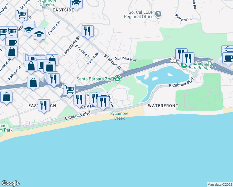 map of restaurants, bars, coffee shops, grocery stores, and more near 101 Por La Mar Circle in Santa Barbara