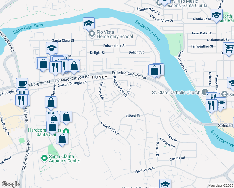 map of restaurants, bars, coffee shops, grocery stores, and more near 20312 Rue Crevier in Santa Clarita