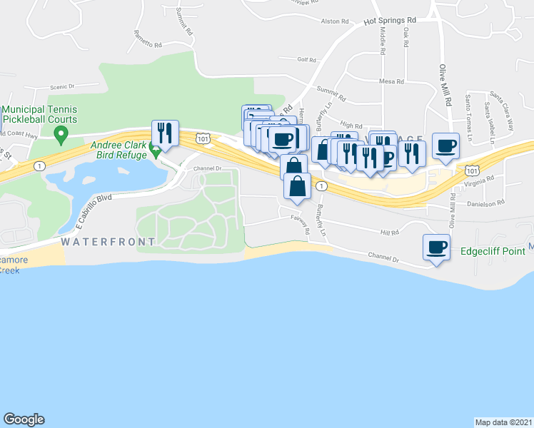 map of restaurants, bars, coffee shops, grocery stores, and more near 1016 Fairway Road in Montecito