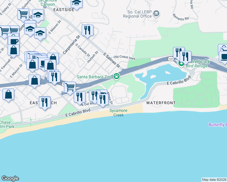 map of restaurants, bars, coffee shops, grocery stores, and more near 436 Por La Mar Circle in Santa Barbara