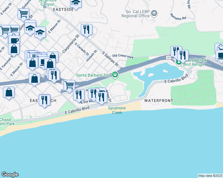 map of restaurants, bars, coffee shops, grocery stores, and more near 436 Por La Mar Circle in Santa Barbara