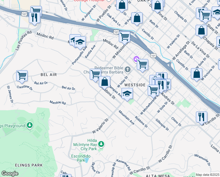 map of restaurants, bars, coffee shops, grocery stores, and more near 1820 Robbins Street in Santa Barbara
