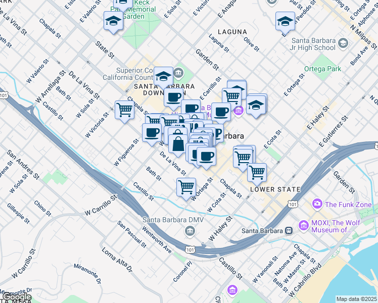 map of restaurants, bars, coffee shops, grocery stores, and more near 875 Chapala Street in Santa Barbara