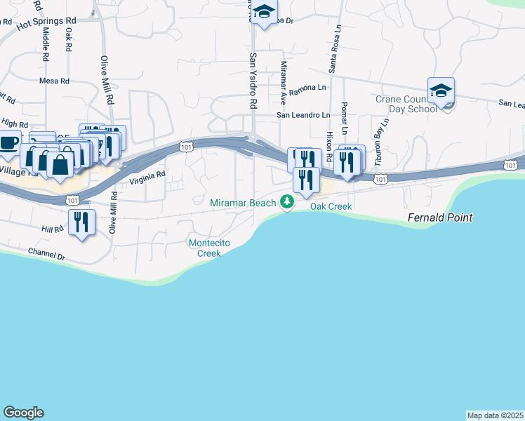 map of restaurants, bars, coffee shops, grocery stores, and more near 1514 Miramar Beach in Montecito