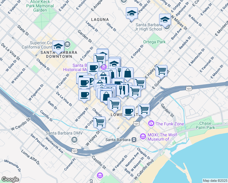 map of restaurants, bars, coffee shops, grocery stores, and more near 602 Anacapa Street in Santa Barbara