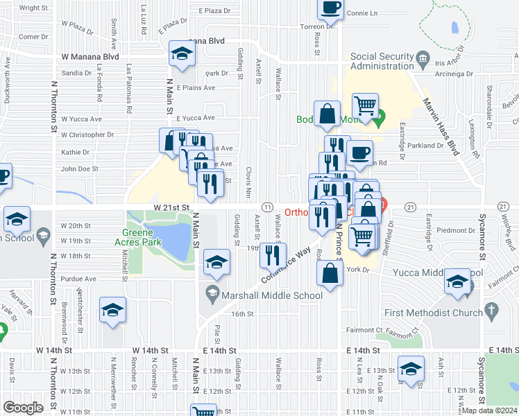 map of restaurants, bars, coffee shops, grocery stores, and more near 409 East 21st Street in Clovis