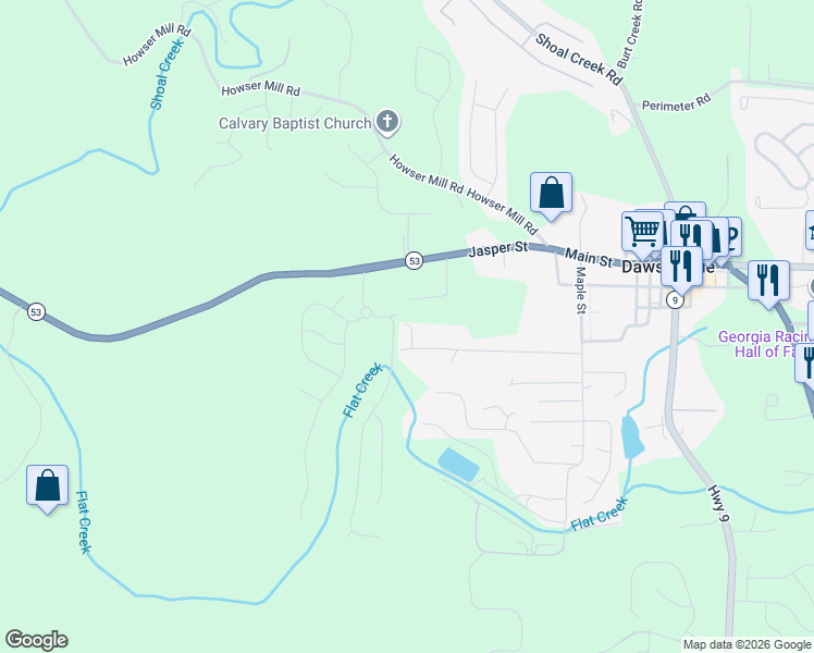 map of restaurants, bars, coffee shops, grocery stores, and more near 370 Stegall Place in Dawsonville