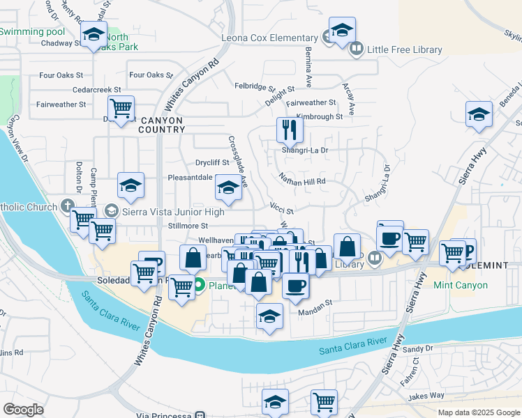 map of restaurants, bars, coffee shops, grocery stores, and more near 18829 Vicci Street in Santa Clarita