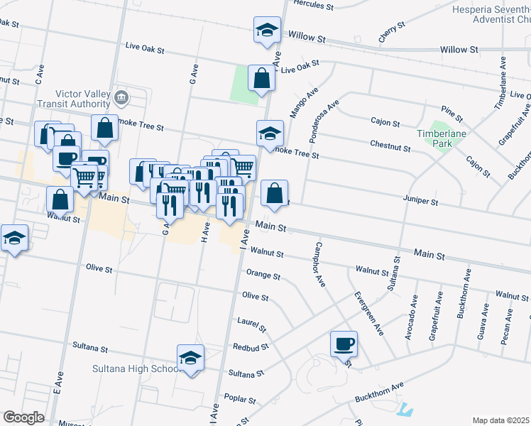 map of restaurants, bars, coffee shops, grocery stores, and more near 17450 Main Street in Hesperia