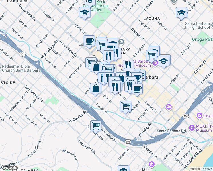 map of restaurants, bars, coffee shops, grocery stores, and more near 208 West Carrillo Street in Santa Barbara