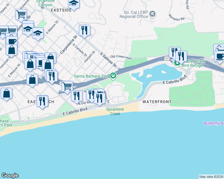 map of restaurants, bars, coffee shops, grocery stores, and more near 436 Por La Mar Circle in Santa Barbara