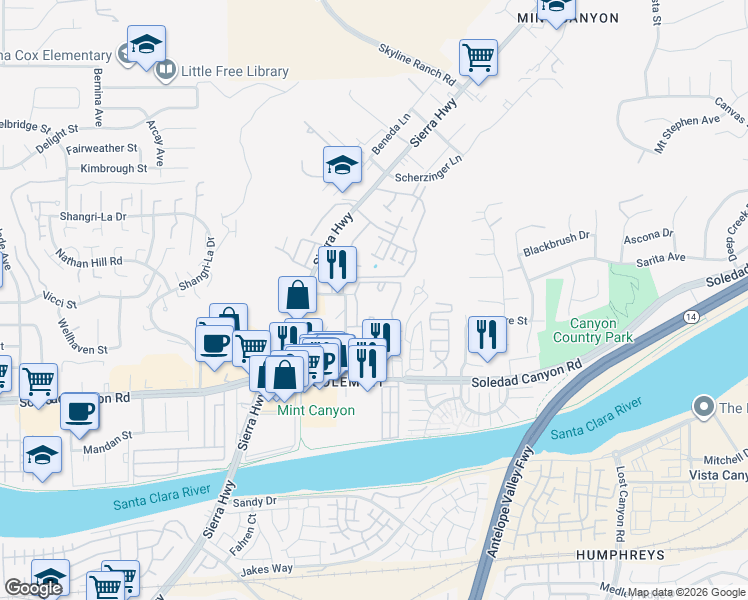 map of restaurants, bars, coffee shops, grocery stores, and more near 27940 Solamint Road in Santa Clarita