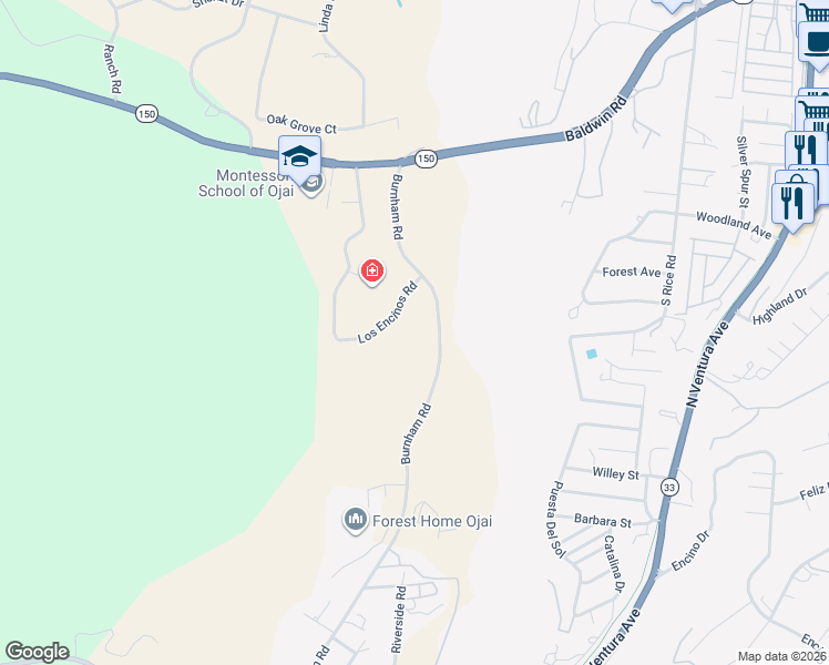 map of restaurants, bars, coffee shops, grocery stores, and more near 2409 Burnham Road in Ojai