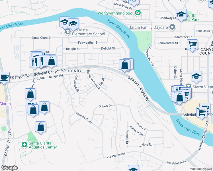 map of restaurants, bars, coffee shops, grocery stores, and more near 26956 Flo Lane in Santa Clarita