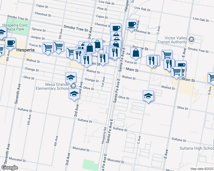 map of restaurants, bars, coffee shops, grocery stores, and more near 16484 Olive Street in Hesperia