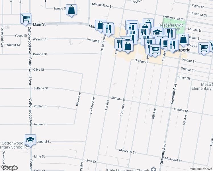 map of restaurants, bars, coffee shops, grocery stores, and more near 9258 11th Avenue in Hesperia