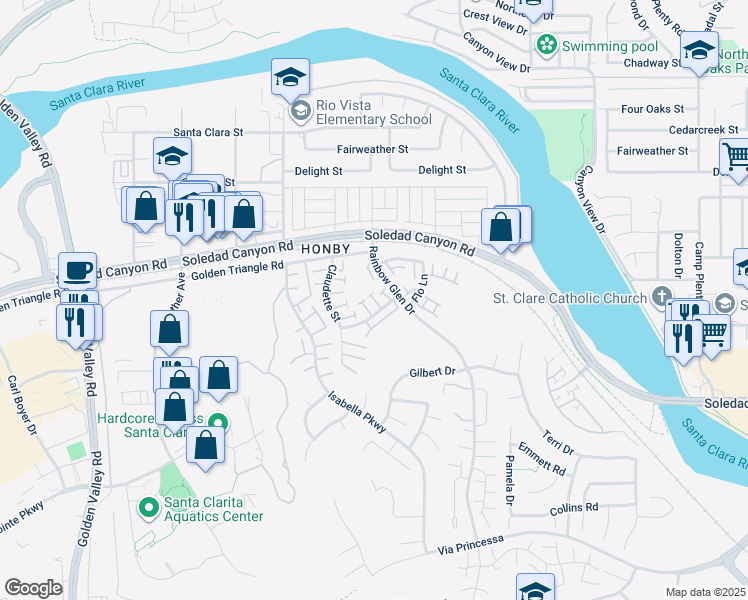 map of restaurants, bars, coffee shops, grocery stores, and more near 20312 Rue Crevier in Santa Clarita