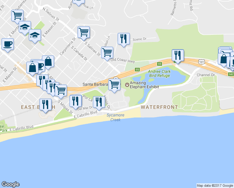 map of restaurants, bars, coffee shops, grocery stores, and more near 436 Por La Mar Circle in Santa Barbara