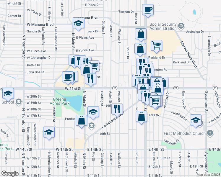 map of restaurants, bars, coffee shops, grocery stores, and more near 401 East 21st Street in Clovis
