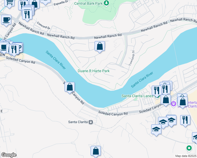 map of restaurants, bars, coffee shops, grocery stores, and more near 22530 Brightwood Place in Santa Clarita