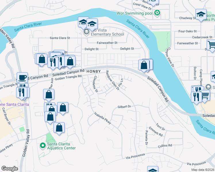 map of restaurants, bars, coffee shops, grocery stores, and more near 20312 Rue Crevier in Santa Clarita