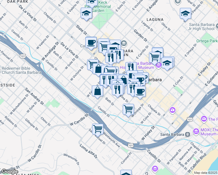 map of restaurants, bars, coffee shops, grocery stores, and more near 208 West Carrillo Street in Santa Barbara