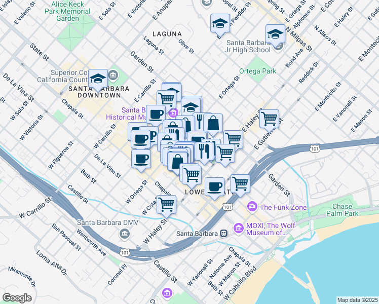 map of restaurants, bars, coffee shops, grocery stores, and more near 602 Anacapa Street in Santa Barbara
