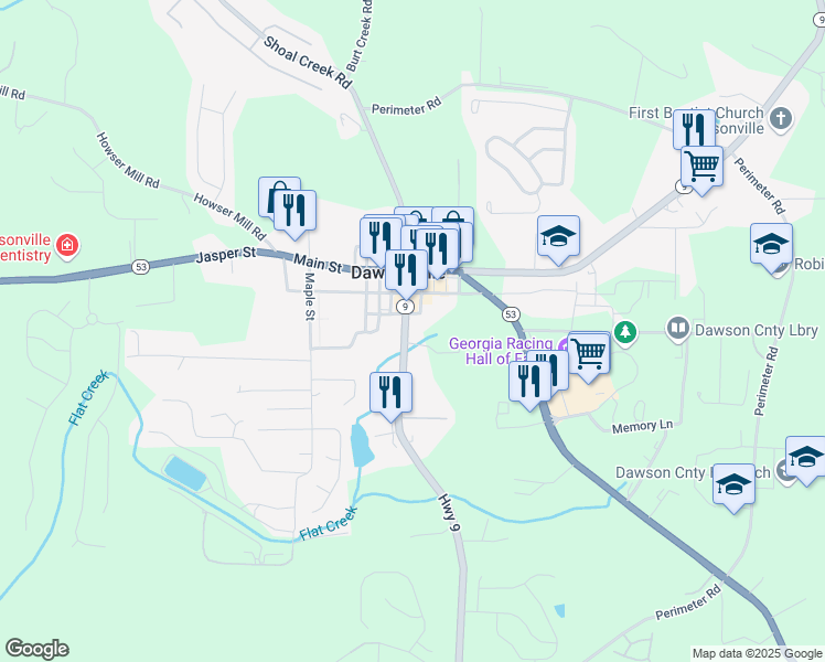 map of restaurants, bars, coffee shops, grocery stores, and more near 123 Highway 9 in Dawsonville