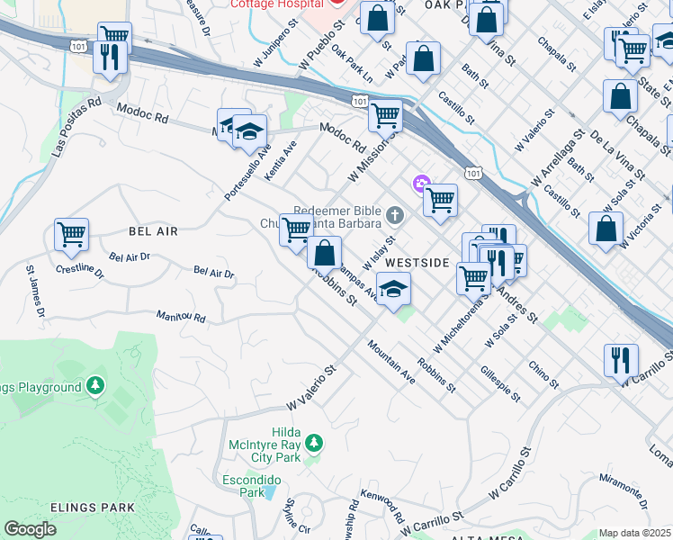 map of restaurants, bars, coffee shops, grocery stores, and more near 1820 Robbins Street in Santa Barbara