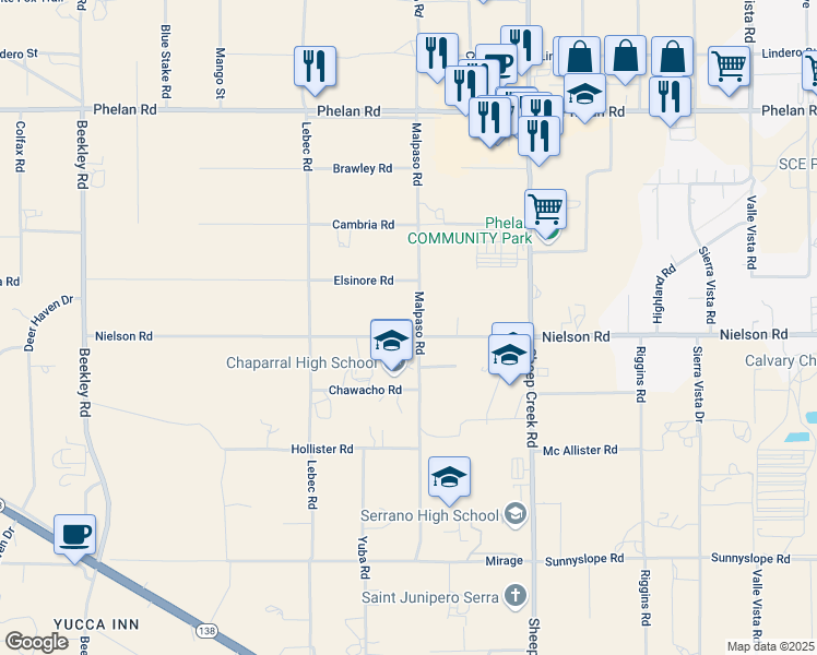 map of restaurants, bars, coffee shops, grocery stores, and more near 3880 Nielson Road in Phelan