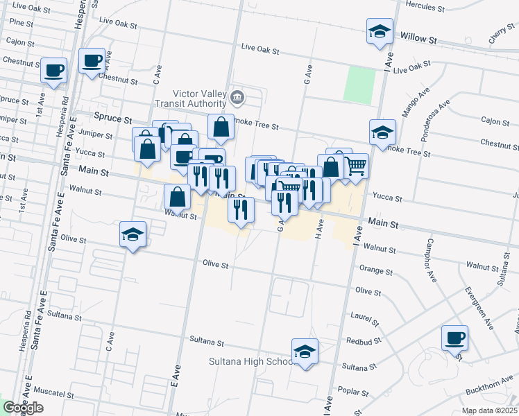 map of restaurants, bars, coffee shops, grocery stores, and more near 17123 Main Street in Hesperia